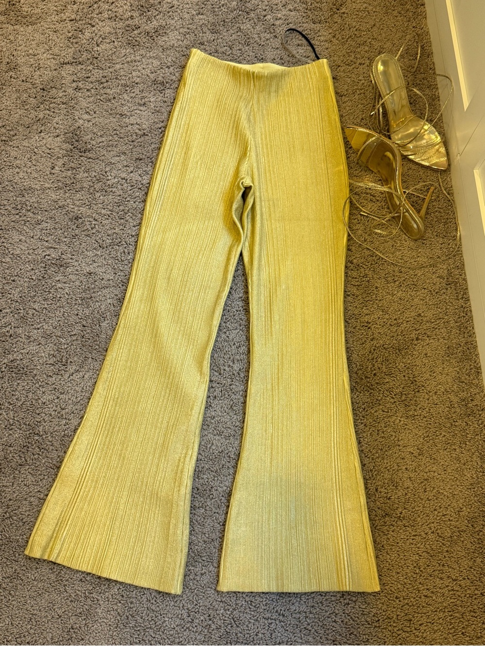 Herve Leger Metallic Gold Flare Knit Pants
